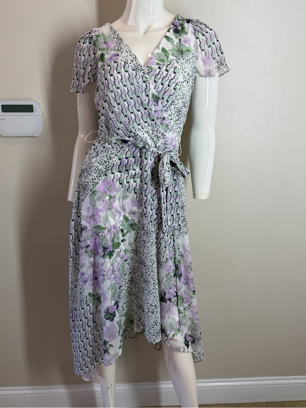 DKNY Women's Mixed Floral Print Faux Wrap Midi Dress Size 10 Purple Green